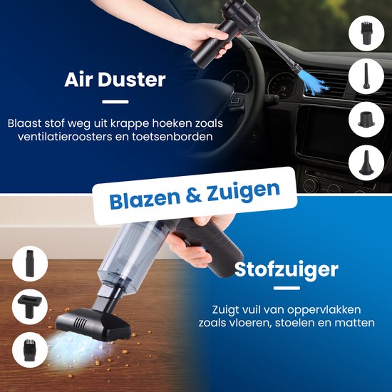 CarMe 2-in-1 Auto Stofzuiger - Zuigen & Blazen - Kruimeldief - 7 Opzetstukken - Oplaadbaar - Handstofzuiger - Airduster - Zwart