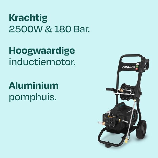 VONROC PRO Hogedrukreiniger V25-3 - 2500W – 180 bar - 468 l/u – inductiemotor – 15m premium slang - Incl. terrasreiniger, schuimsproeier en 5 nozzles