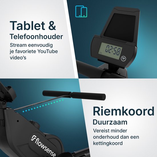 Flowsense Roeiapparaat - Roeimachine - Geluidsstil - Magnetische Roeitrainer Fitness - Rowing Machine 16 Weerstandniveaus - LCD Monitor