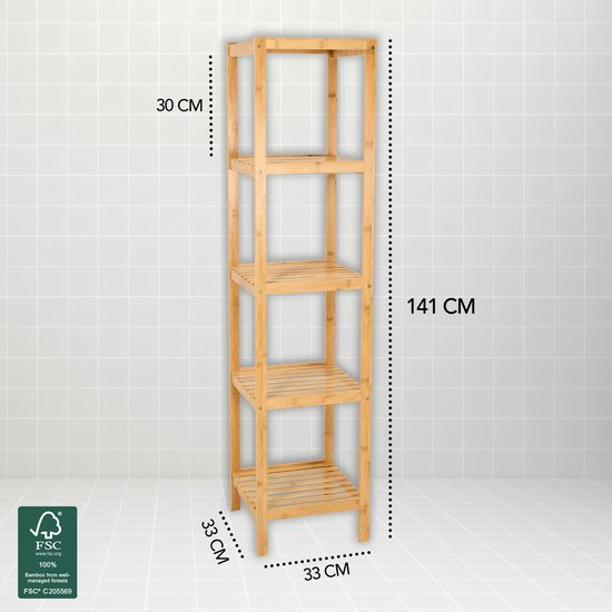 Brixy Badkamerrek - Badkamermeubel - 5-Laags - 141x33x33cm - Badkamer Kast - Bamboe