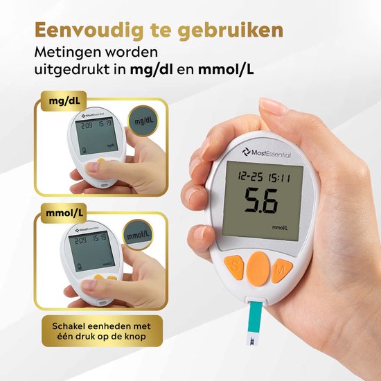 MostEssential Premium Glucosemeter Startpakket - Bloedsuikermeter - Bloedglucosemeter - Diabetes Meter - Alles in één set - Inclusief Opbergtas, Prikpen, 10 Teststrips & 10 Lancetten