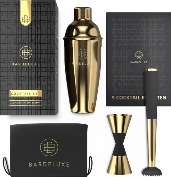 BarDeluxe® Cocktail Set - 3-Delig 750 ml Cocktailshaker met Jigger & Stamper - Inclusief Nederlandstalig Receptenboek - Luxe Cadeau - Goud
