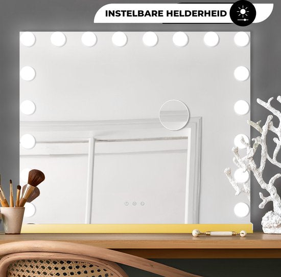 Bayt Hollywood Spiegel met Verlichting - Make Up Spiegel met Verlichting - Spiegel met Verlichting - Hollywood Spiegel 80x60 - Dimbaar - 10x Vergroting - 80x60cm - Goud