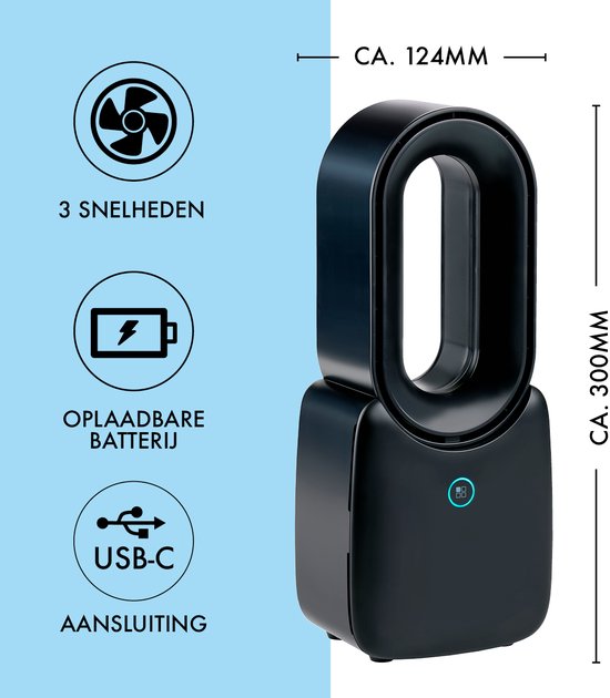 Lifetime Air Tafelventilator - Ventilator USB-C Oplaadbaar - Statief Ventilator met Nachtlampje en Afstandsbediening - Ventilator met Afstandsbediening en 3 Snelheden - Zwart