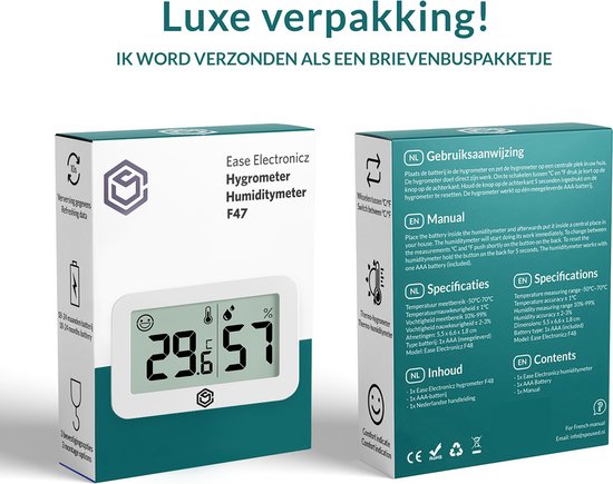 Ease Electronicz Hygrometer & Thermometer - Weerstation - Luchtvochtigheidsmeter - Thermometer Voor Binnen - Incl. Batterij en Plakstrip