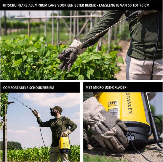 Stanley Druksproeier 5 L, drukspuit, sproeier tuin, elektrisch, heroplaadbare batterij lithium, telescopische lans, regelbare sproeikop, autonomie 2.5 h, max. 2 bar, 0.33 L/minuut, geel/zwart
