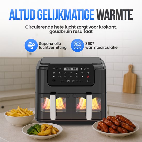 Strex Airfryer XXL - 10L - 2500W - Heteluchtfriteuse - Dubbele Airfryer - 50ºC tot 200ºC - 10 Kookprogramma's - Zwart