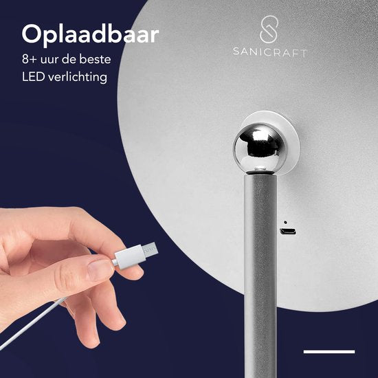 SaniCraft® Make-up Spiegel met Verlichting - Vergrootspiegel & Scheerspiegel - 10x Vergroting - LED verlichting - USB Oplaadbaar - Diameter 17 cm