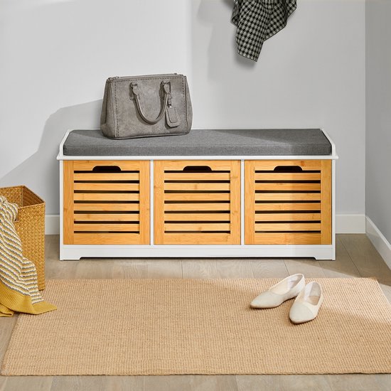 SoBuy Schoenenbank met zitkussen voor gang of woonkamer, 3 afneembare manden, 105x43x35 cm, FSR23-WN