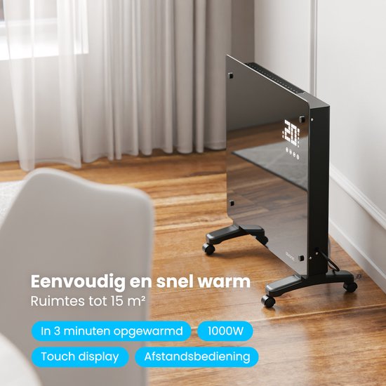 Auronic Elektrische Kachel – Convectorkachel Met Thermostaat en Afstandsbediening - Glazen Paneelverwarming - 1000W Heater - Zwart