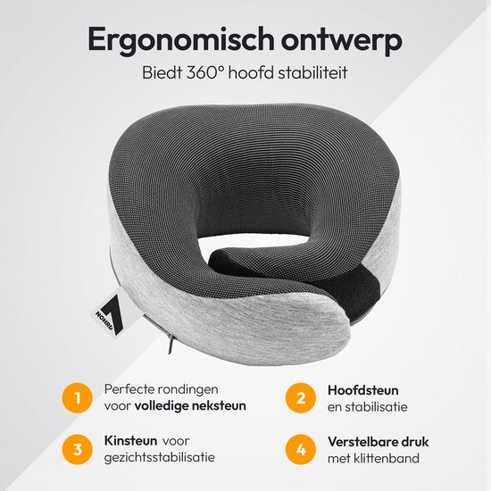 NOHRD Nekkussen Vliegtuig - Reiskussen - Grijs - Memory Foam - Incl. Oordopjes, Slaapmasker & Draagtas - Traagschuim - Neksteun