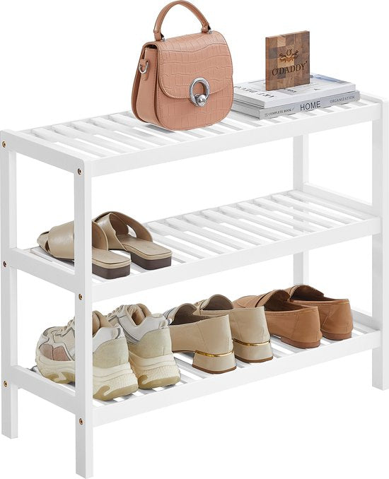 O'DADDY® Schoenenrek - Schoenenbank - Halbank - Schoenenkast - Schoenen Opbergsysteem - Schoenen kast - 3 Laags - Voor 12 Paar - Multifunctioneel Rek - Bamboe - Wit - 70 x 28 x 45 cm