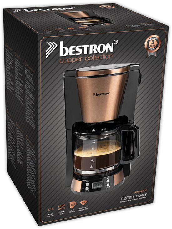 Bestron ACM800CO Koffiezetapparaat – 1,5L – 12 Koppen – Programmeerbare Timer – Warmhoudplaat – Permanentfilter – 1000W – Koper
