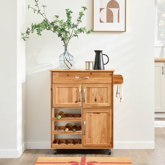 SoBuy Keukentrolley met Lades en Wijnrek, Keukenmeubel op Wieltjes met Werkblad, Compact Kookeiland, Natuurlijke kleur, 66×38×86 cm - FKW45-N