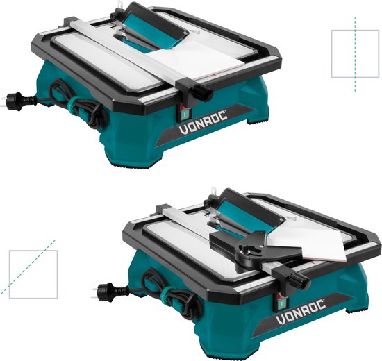 VONROC Tegelzaag 650W –Waterkoeling – Incl. 180mm diamant zaagblad, parallelgeleider en verstekgeleider