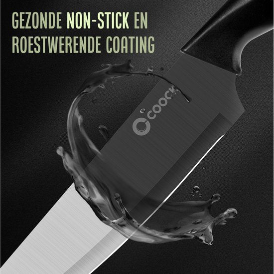 COOCK - Messenset met Blok en Vouwbare Snijplank – Keukenmessen - Schaar - Messenslijper – 15-Delige Keukengerei Set in Messenblok - RVS – Met ‘Non Stick’ Coating - Zwart