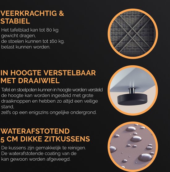 Casaria Polyrattan Tuinset – 1 Tafel 2 Stoelen – Weerbestendig Grijs