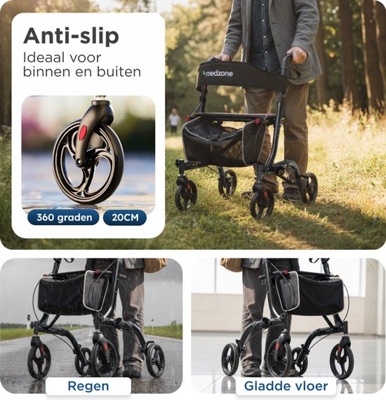 Medzone Rollator Lichtgewicht en Opvouwbaar - Binnen en Buiten - Zitfunctie - Rugleuning en Wandelstok Houder - Zwart