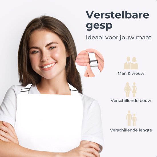 Keukenschort - Water- en vuilafstotend - Professioneel Kookschort - Schort voor Dames en Heren - Horeca Sloof - Unisex - Verstelbare Gesp - Extra Grote Vakken - Wit