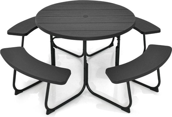 Coast Picknicktafel met 4 Banken - Rond - 8 Personen - Max. 225 kg per Bank - Ø190cm x 76 cm - Zwart
