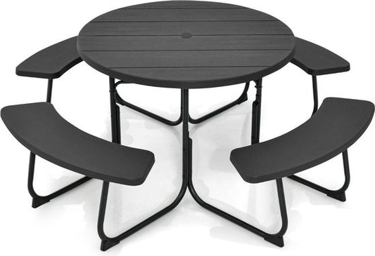 Coast Picknicktafel met 4 Banken - Rond - 8 Personen - Max. 225 kg per Bank - Ø190cm x 76 cm - Zwart