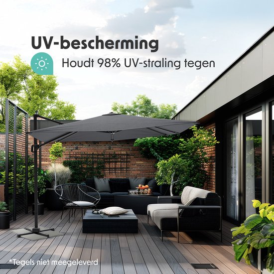 LifeGoods Parasol - 300x300 cm - Kantelbaar - 7 Standen - Waterdicht - met Hoes - Antraciet