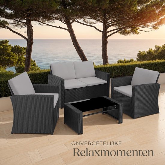 tectake® Wicker Tuinset voor 4 Personen - 2-zits Tuinbank en 2 Tuinstoelen - Tafel met Afneembaar Glazen Blad - Comfortabele Zit- en Rugkussens - Loungeset voor Tuin, Terras, Balkon - Zwart