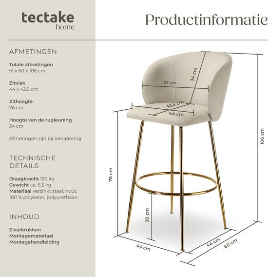 Tectake® - Set van 2 Barkrukken Luana - Gestoffeerde Barkruk met rugleuning - Barstoelen met voetensteun - Eetkamerstoel met fluwelen bekleding - Stevige stalen poten met antislip vloerbescherming - Crème/goud