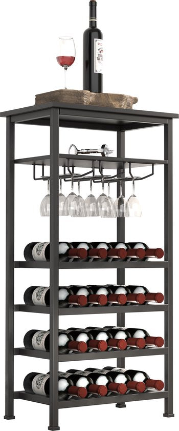 Wijnrek industrieel design wijnkast zwart - rek voor opbergen 20 flessen met glashouder - 50 x 32 x 100 cm