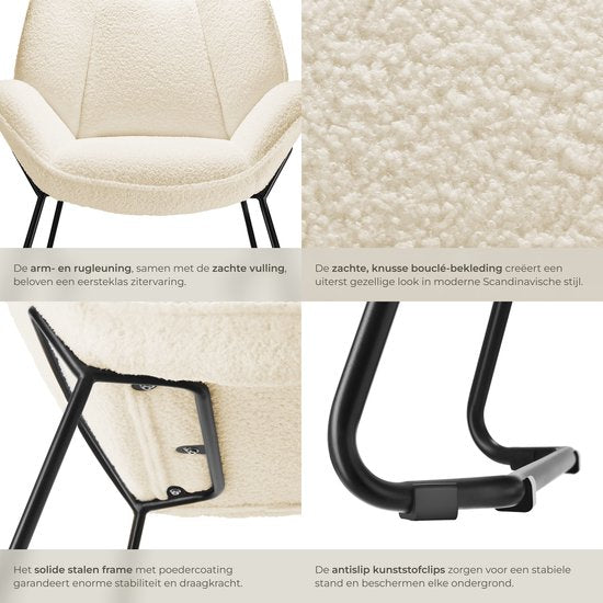 tectake® Loungefauteuil - Ronde relaxfauteuil - Teddyfauteuil - Gestoffeerde stoel - Bouclé bekleding - Leesfauteuil van pluche - Scandinavische stijl - creme wit