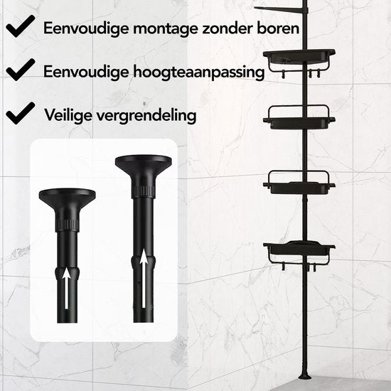 Brixy Doucherek - Telescopisch - 85-305 cm - Zonder Boren - Vloer Tot Plafond - 4 Plankjes - 3 Haken - Zwart