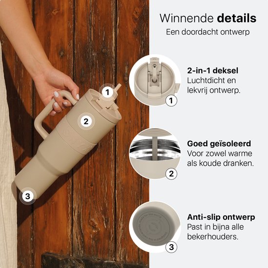 ONYX Drinkfles met Rietje 1 Liter - Waterfles voor Kinderen & Volwassenen - Thermosbeker RVS Travel Mug - Motiverende Drinkbus - Drinkbeker voor School - Sand Beige