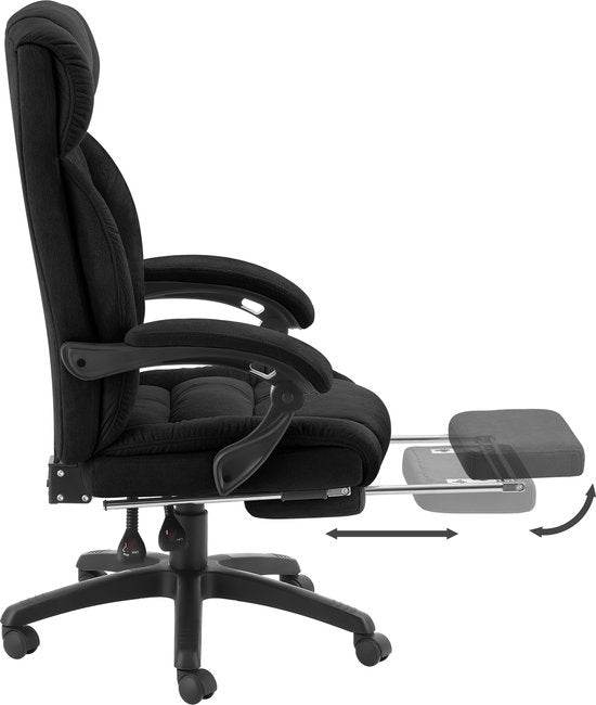 tectake® Luxe Bureaustoel - Ergonomische Directiestoel met Voetsteun en Hoofdsteun - Stoel voor Bureau of Kantoor met Dikke Veloursbekleding - Bureaustoelen voor Volwassenen - Soepel draaiend, met Wieltjes - Verstelbare Rugleuning en Hoogte - Zwart