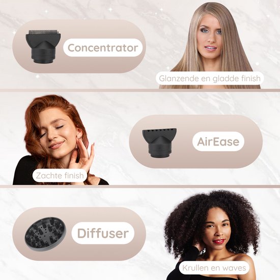 Sansbeauté® Föhn met Diffuser – Ionische Haardroger – Borstel - Reisföhn - 3 Opzetstukken - Krullen – Coolshot – 3 Standen – Haarföhn met Diffuser – Hair Dryer - 2000W - Pink