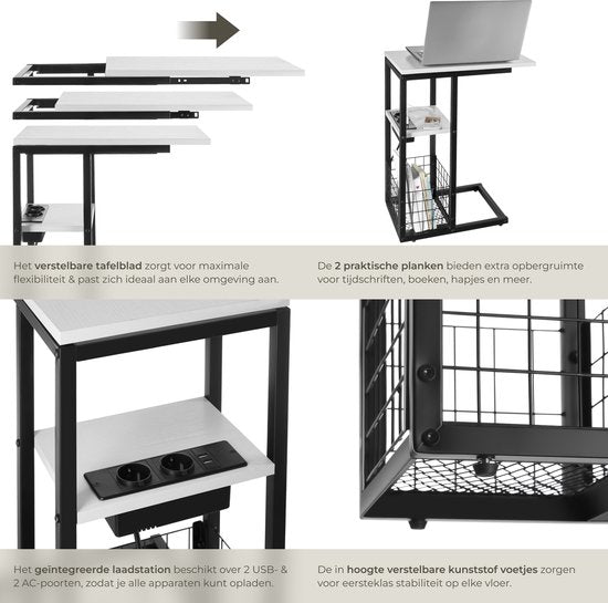 tectake® Laptoptafel met laadstation - Incl. stekkerdoos – C-Vormige computertafel - Bijzettafel - Nachtkastje - Met krantenstandaard en extra plankje - Wit