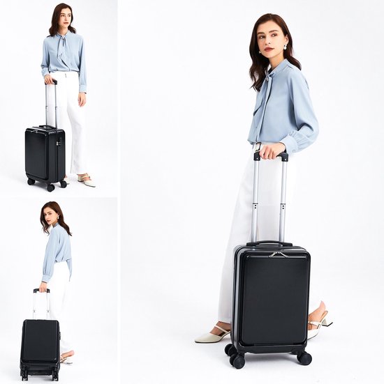 VAIVE Handbagage Koffer Met Voorvak - 43L Koffer - Lichtgewicht Trolley - Zwart