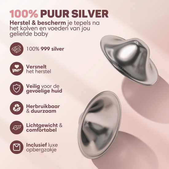 Vulpes Goods® Babycare Zilveren Tepelkapjes – Nursing Cups - 999 Puur Zilver – Hypoallergeen & Herbruikbaar – Tepelbeschermers voor Borstvoeding – Maat L – Incl. Opbergetui