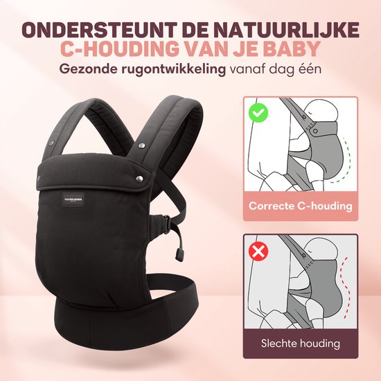 Vulpes Goods® BabyCare - Draagzak – Ergonomische Baby Draagzak 0-36 mnd – Luxe Buikdrager tot 20 kg – OEKO-TEX® Katoen – Handsfree Comfort - Met Rugsteun & M-Positie - Zwart
