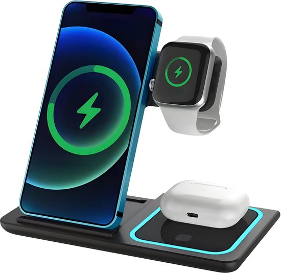Nuvance Draadloze Oplader - 3 in 1 - 15W - Oplaadstation - Snellader - Draadloze Lader - voor Smartphone, Smartwatch & Oortjes