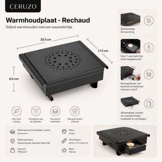 Ceruzo Warmhoudplaat Compact – Rechaud – 1 Waxinelichtje – Zwart