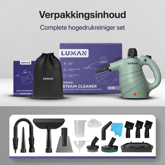 LUMAN Stoomreiniger – 16-in-1, Incl. Accessoires – 1050 W – 450 ml – Groen