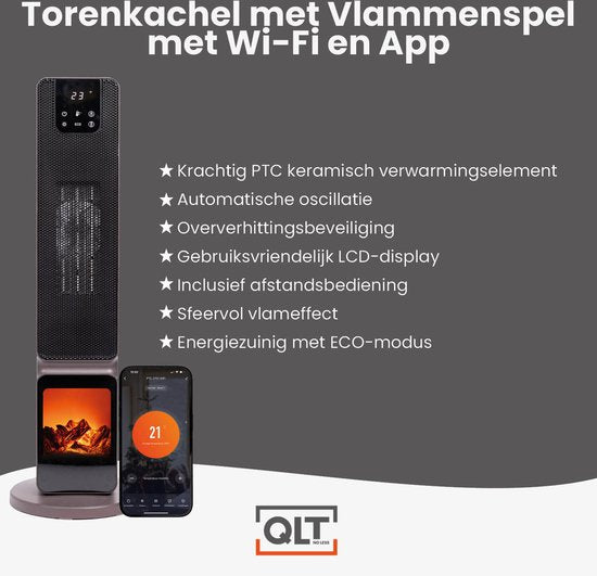 QLT Keramische Kachel – Elektrische Verwarming met Vlameffect, Oscillatie & App-bediening – 1000-2000W – Compact & Energiezuinig – Zwart