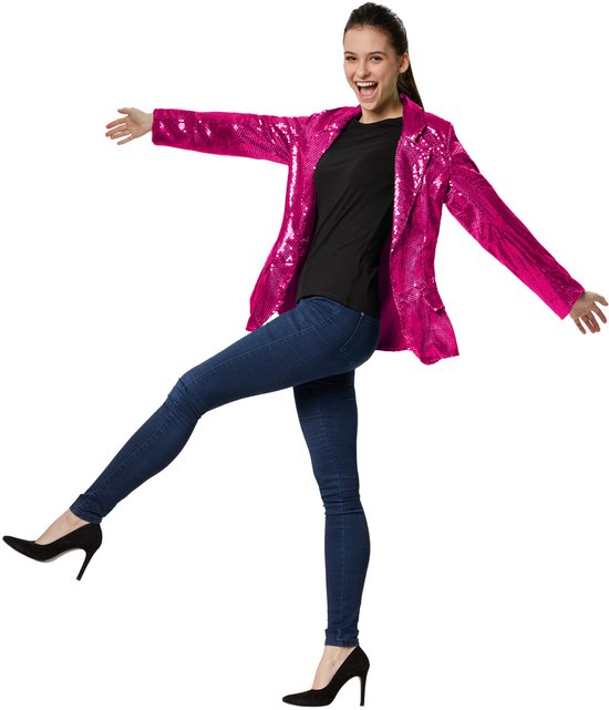 Dressforfun Paillettenjas dames pink XXL - verkleedkleding kostuum halloween verkleden feestkleding carnavalskleding carnaval feestkledij partykleding - 303880