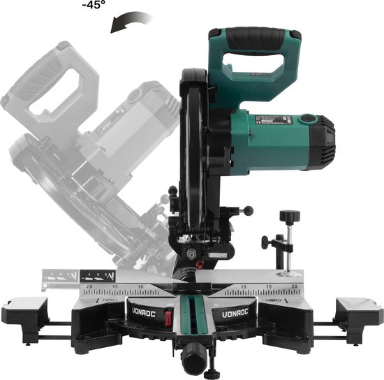 VONROC PRO afkortzaag - kapzaag - verstekzaag – 2200W - Ø255mm – Zaagt hout, kunststof en metaal – Instelbare snelheid – Zaagcapaciteit 340mm –Verstelbare tafelverbreders – Trekfunctie – Kantelbaar – Lengtestop - Incl. zaagblad, laser & LED