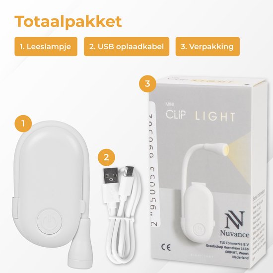 Nuvance - Leeslampje - Leeslamp met Klem - Dimbaar - 3 Standen - Leeslampje voor Boek - Oplaadbaar USB C - 24 Uur Leesplezier - Klemlamp - voor Kind & Volwassenen - Klemlampje - Wit