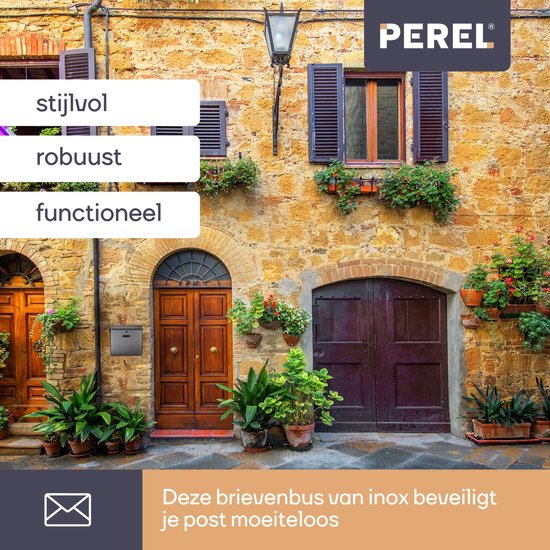 Perel brievenbus Monaco, wandbrievenbus voor buiten, wandmontage, met naamplaatje, sleutelslot, afsluitbaar incl. 2 sleutels, roestvrij staal, 36,8 x 36,5 x 10 cm, zilvergrijs