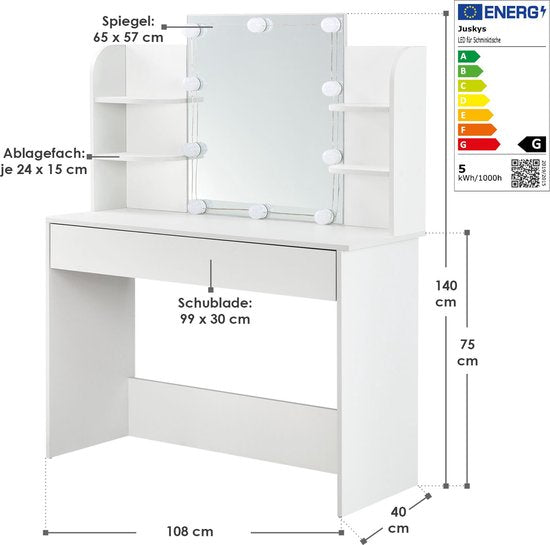 Schminktafel / kaptafel Bella - Wit - Incl. Spiegel & LED Verlichting