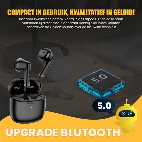 Golden Sound – Draadloze Oordopjes – Bluetooth 5.1 & Universele Pasvorm – Voorzien Van Oplaadcase En Slimme Touchfuncties – Voor Sport En Handsfree Bellen – Zwart Kunststof