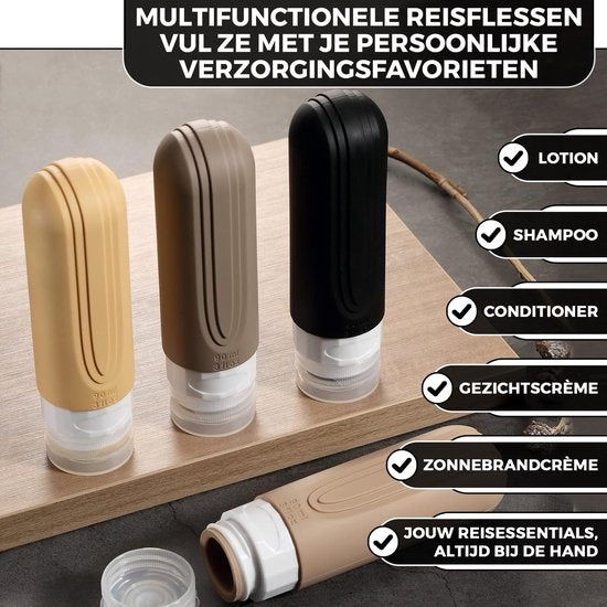 EverNeeds Reisflesjes Met Etui - Navulbaar - Siliconen Reisflesjes Handbagage - Apricot - 4 Stuks