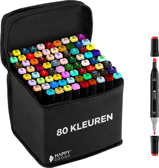 Happy Goods Twinmarkers - 80 Alcohol Markers - Markeerstiften - incl. Opbergtas - Stiften voor Volwassenen & Kinderen - Aquamarkers
